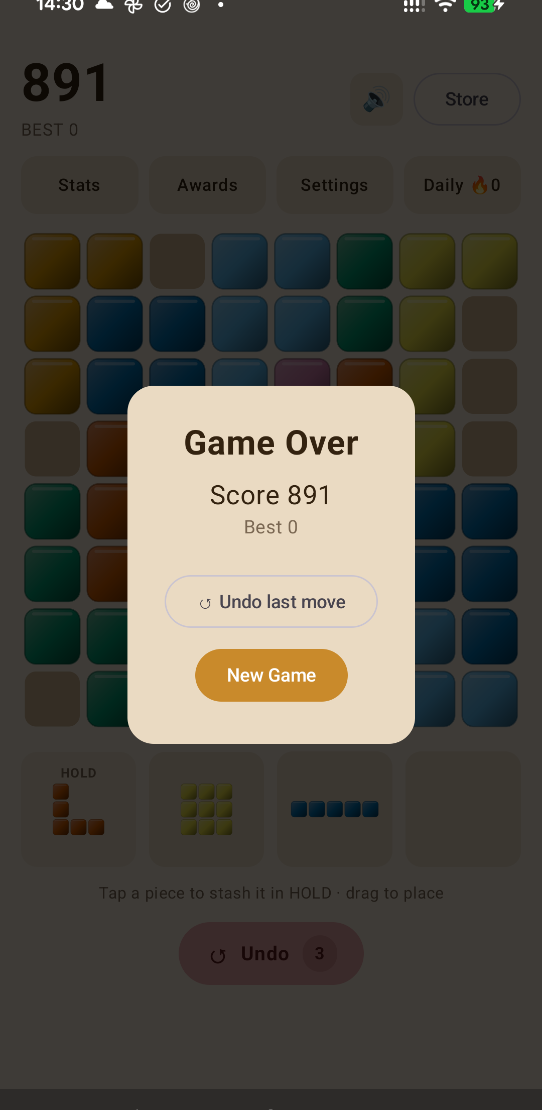 Game over with the option to undo the last move