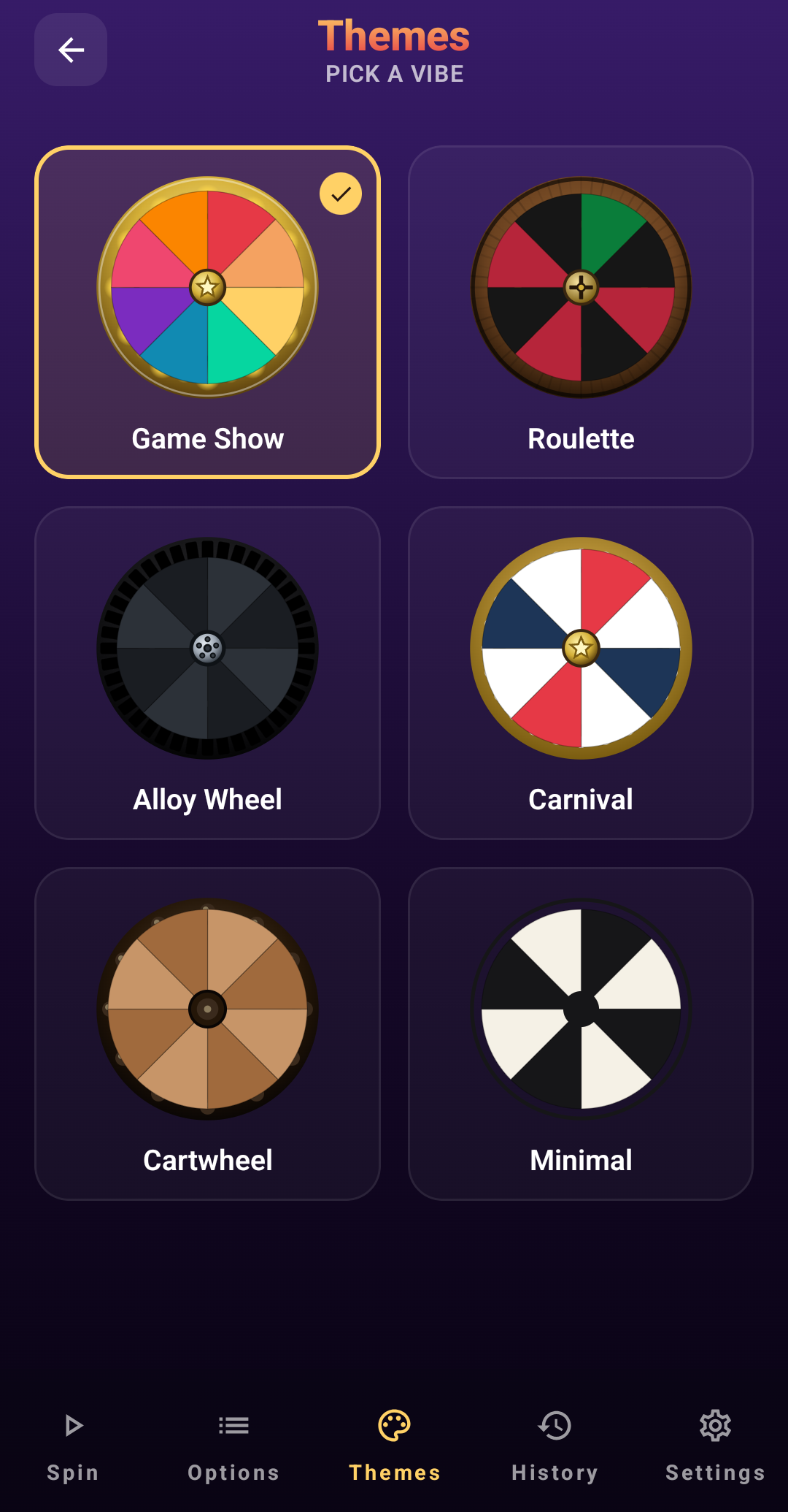Theme picker showing six wheel styles