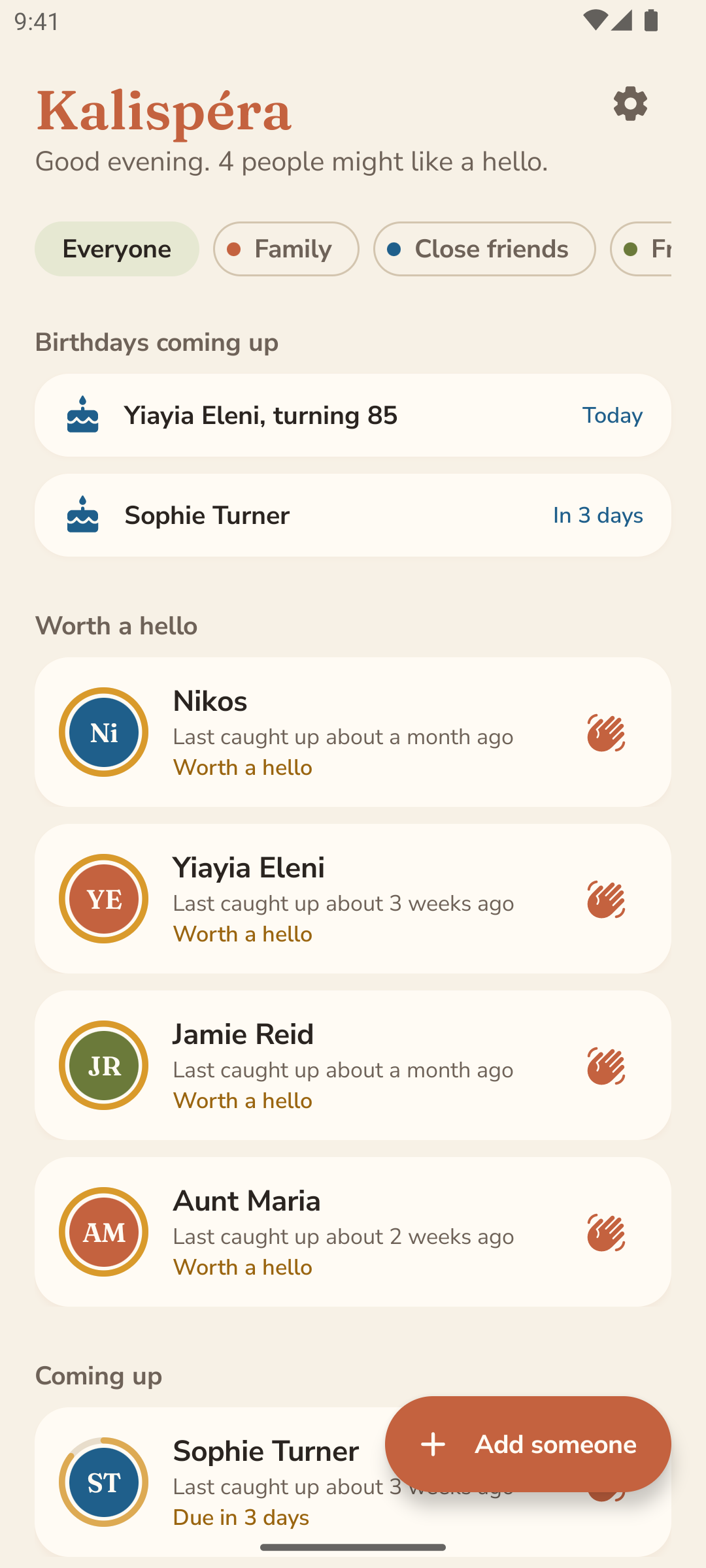 The home screen showing who might like a hello and upcoming birthdays