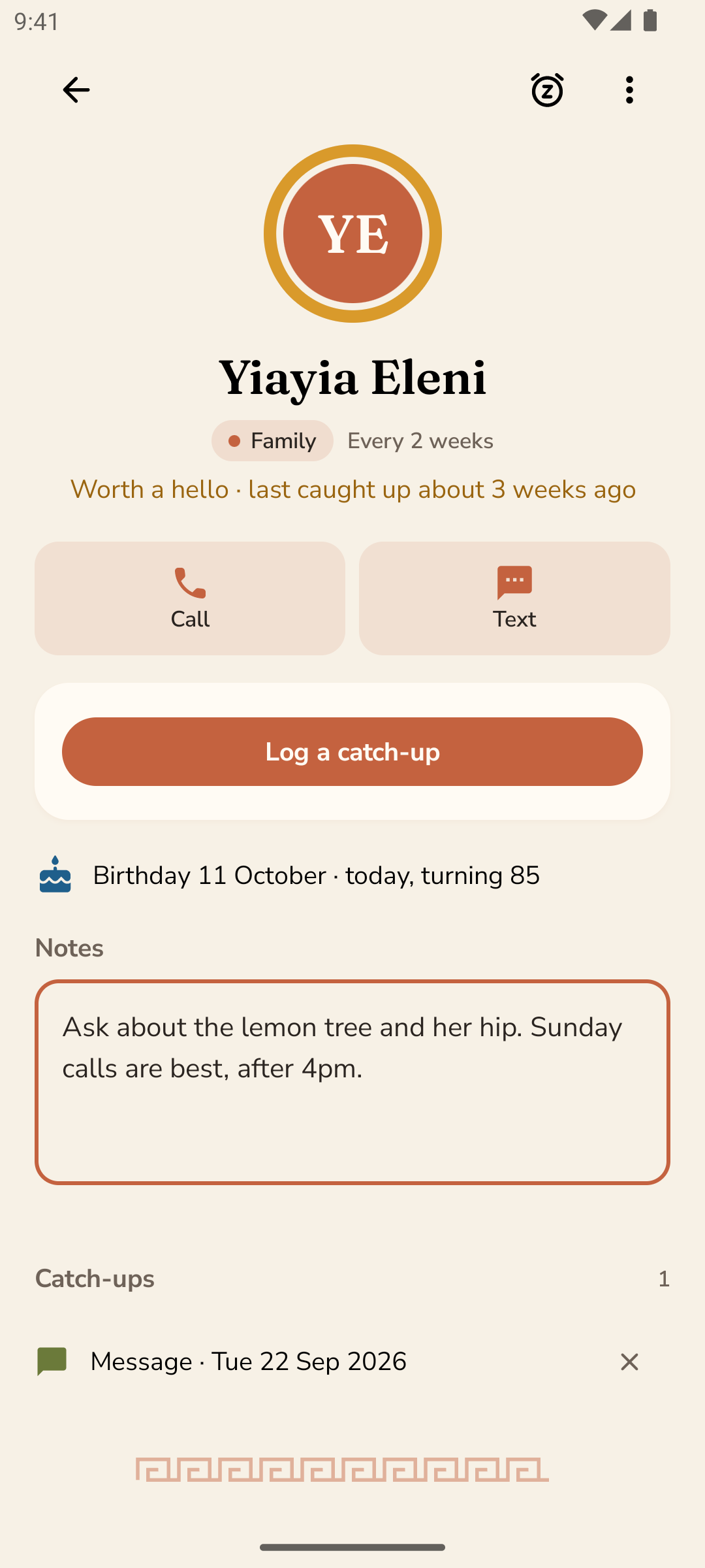 A person's page with their circle, birthday, notes and catch-ups