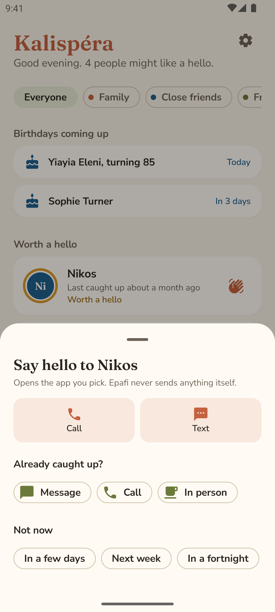 Saying hello with one tap: call, text or log a catch-up
