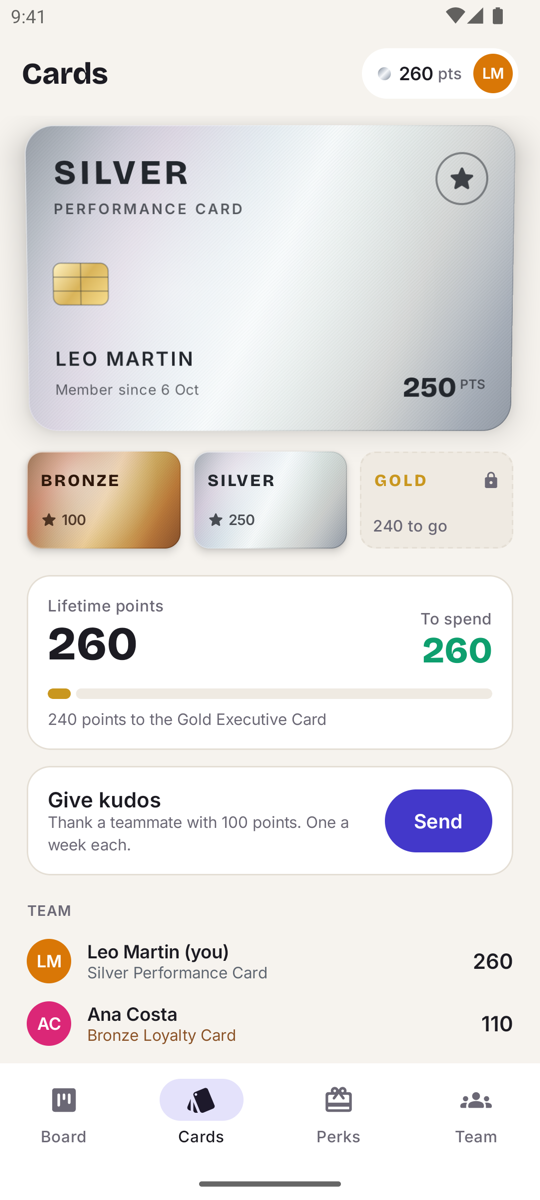 A silver performance card in the wallet with lifetime points and progress to gold