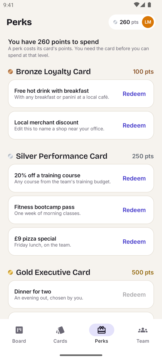 Perks for each card, ready to redeem