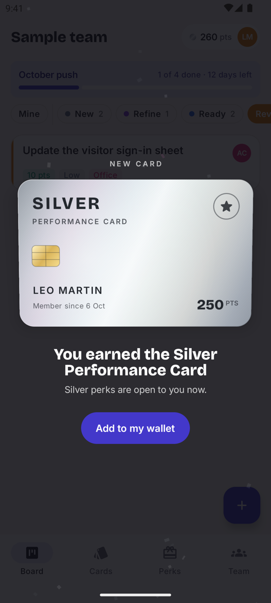A new silver card flipping into the wallet