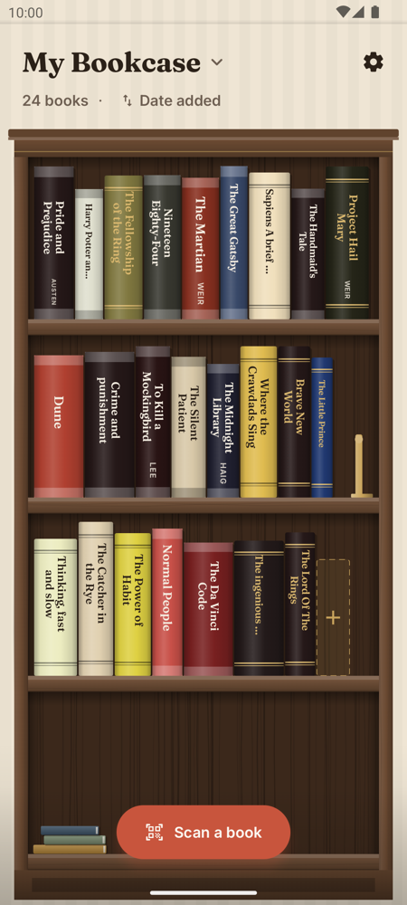 A classic wooden bookcase filled with scanned books