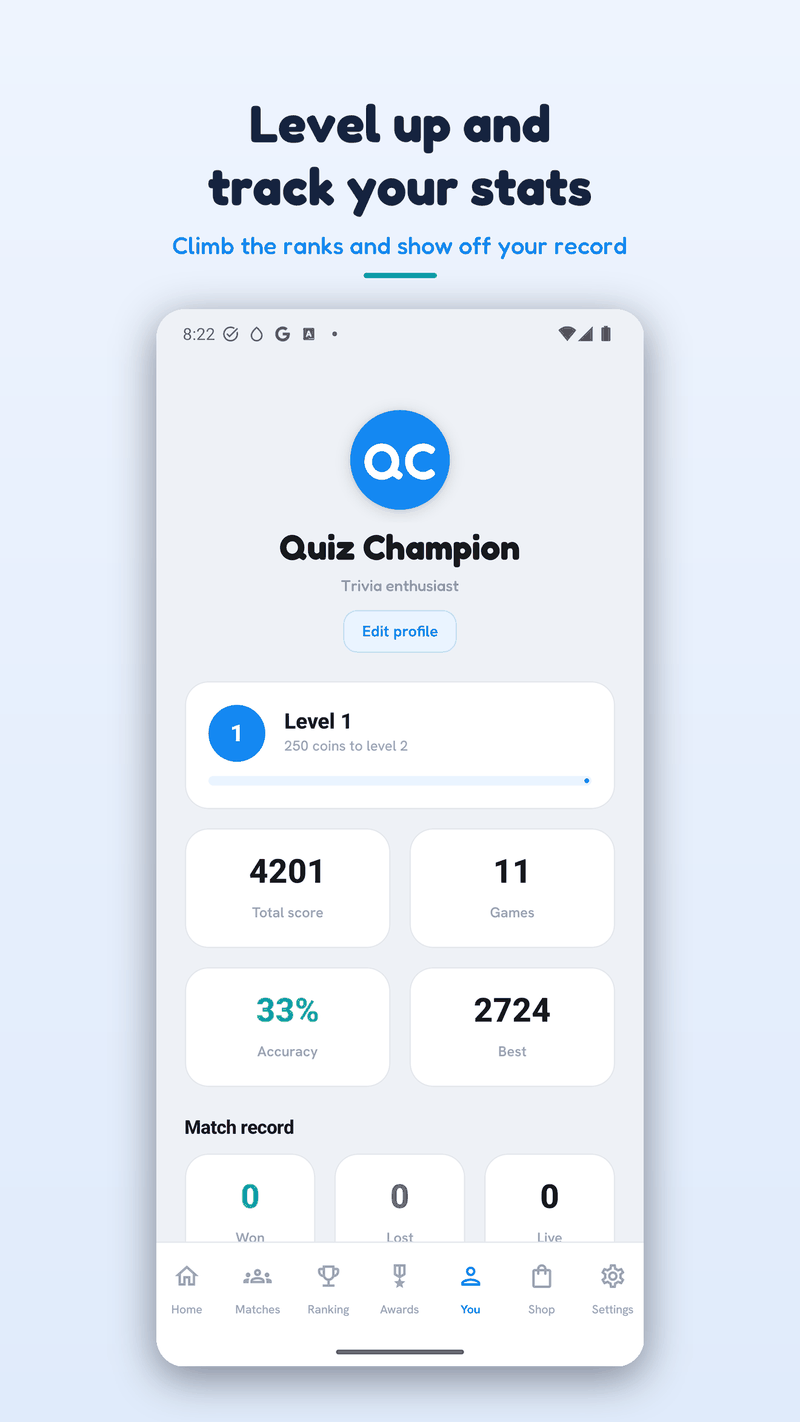 Profile screen with level and match stats